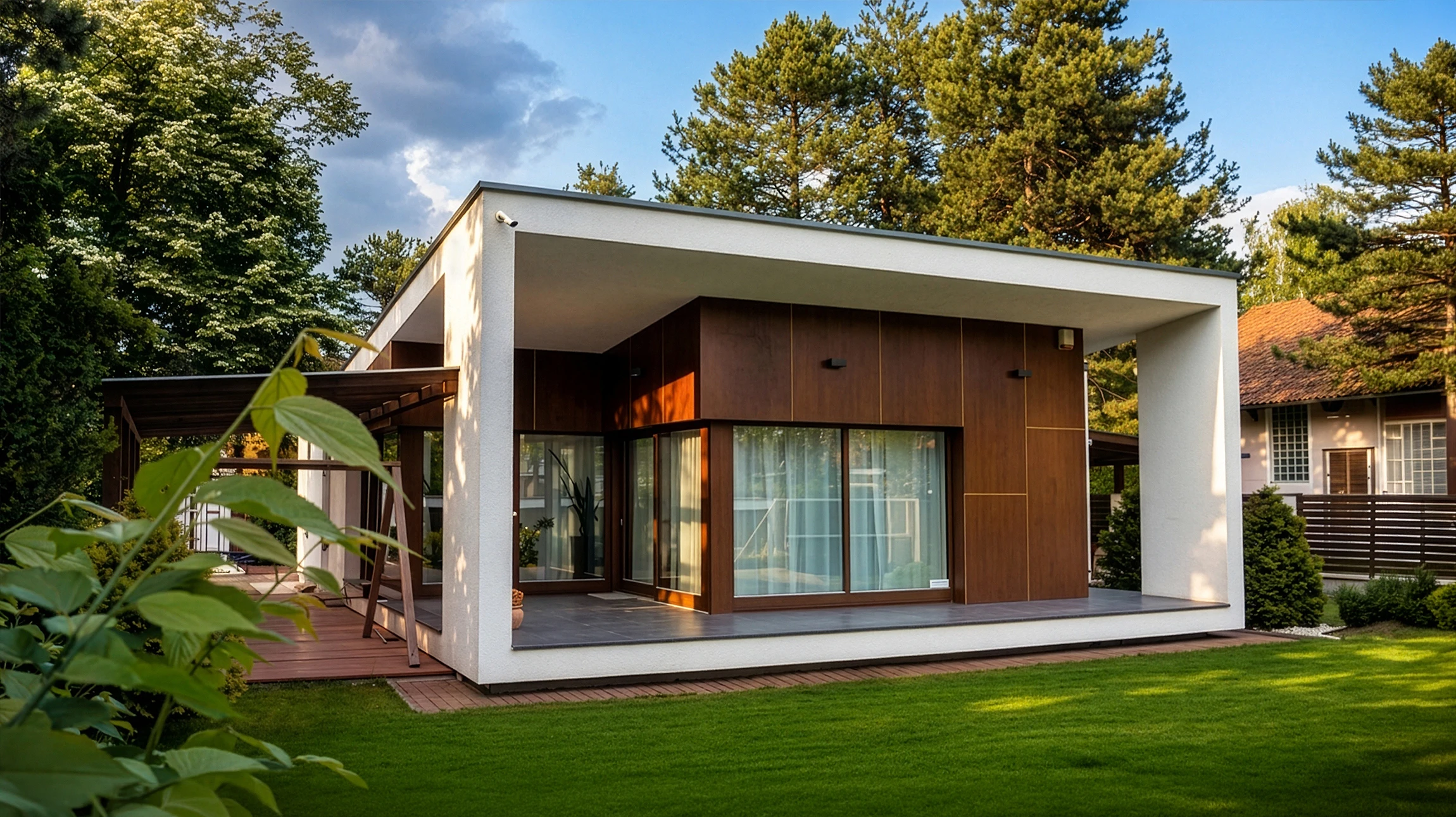 Façade extérieure d'une maison contemporaine avec murs en crépi gris clair