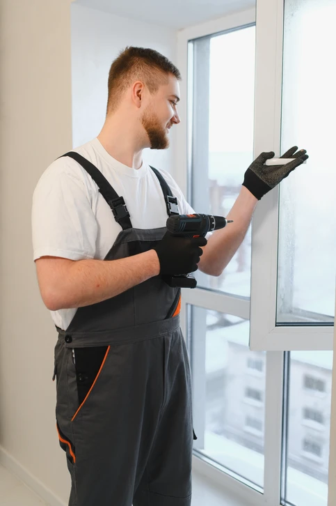 Plombier professionnel travaillant sous un évier, portant gants de protection et casquette, utilisant un tournevis pour réparer la robinetterie